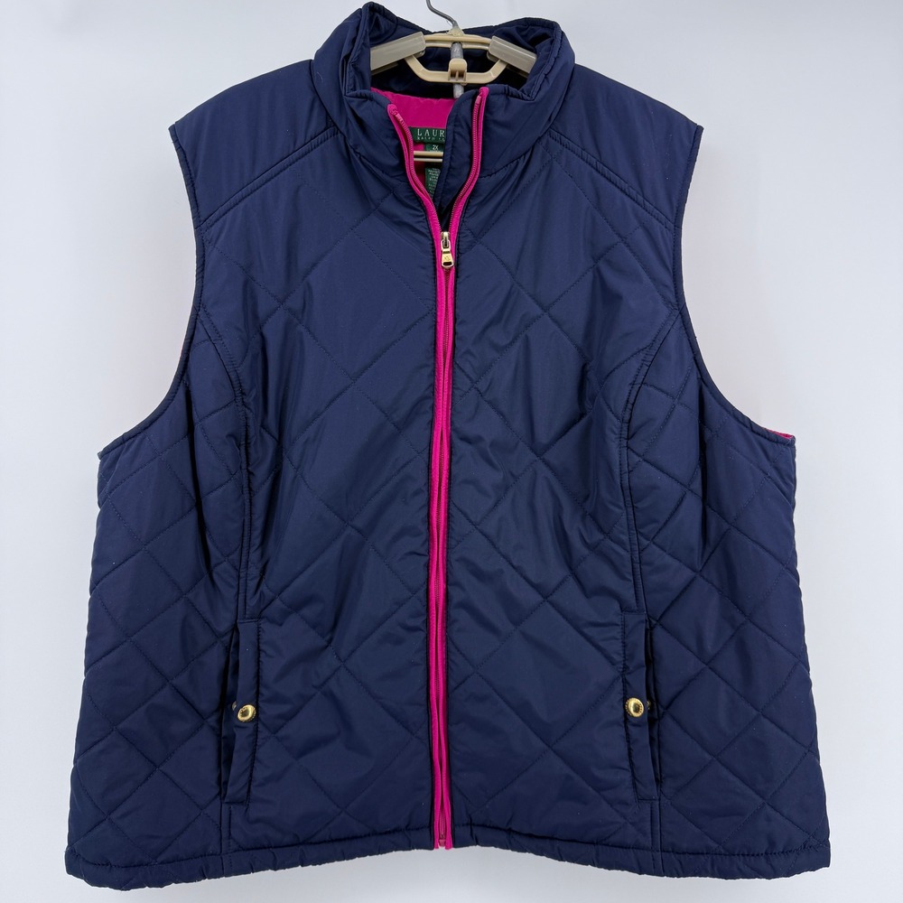 Lauren Ralph Lauren Vest Womens 2X Navy Pink Quilted Full Zip Pockets LRL